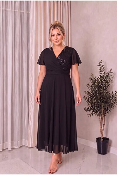 hazelin Women's Plus Size Black Evening Dress Double Breasted Collar Short Sl...