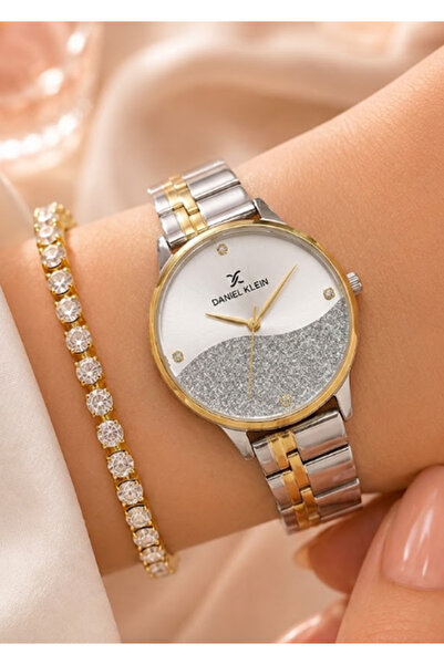 Daniel Klein Women's Wristwatch and Waterway Bracelet Set - Silver Gold Doubl...