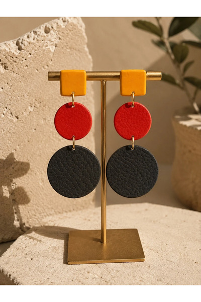 Kutcha Accessories Geometric Dangle Earrings – Mustard, Red and Black Leather