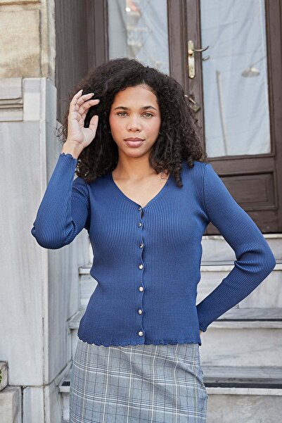 Jument Women's Flexible Knitwear Buttoned Long Sleeve Cardigan-Indigo