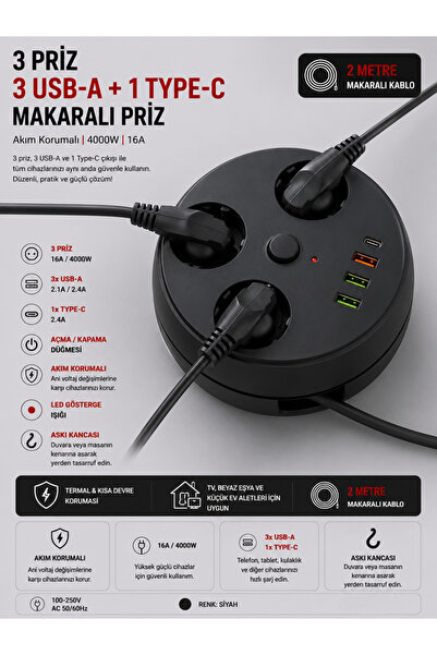 SMAYLİNG Akım Korumalı Makaralı Priz 3 Priz 3 USB-A 1 Type-C 2 Metre Kablo 4000W 16A Açma Kapama Düğmeli Siyah
