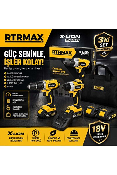 MAXORLİFE RTRMAX X-LION 18V Akülü Darbeli Matkap + Kırıcı Delici Seti 2'li Ma...