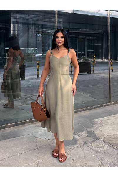 HARMONY GLOBAL Khaki Thin Beaded Strap A-Line Summer Midi Dress 8136