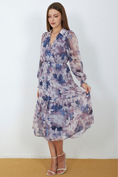 MY GRS Chiffon Fabric Leaf Pattern Midi Dress