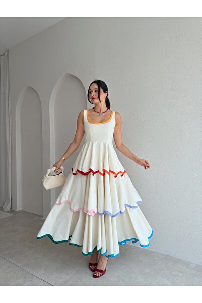 Mooi Butik SUMMİT Tasarım Renkli Maxi Elbise 5698 - Krem Rengi