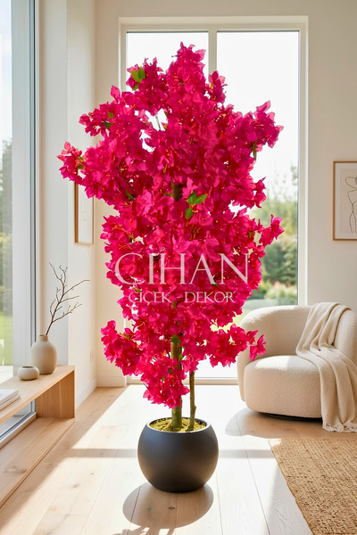 Cihan Çiçekçilik Fuşya Begonvil Yapay Ağaç 180 cm –30x30 Siyah Plastik Küre S...