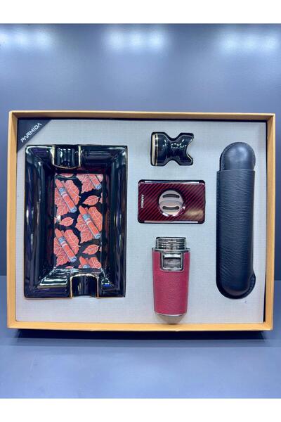 Parmida Puro Kutusu Humidor, Küllük, Makas, Sehpa, Çakmak 5'li Premium Profesyonel Puro Seti