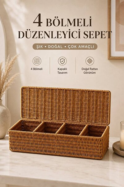 MİORA HOME Çok Amaçlı 4 Bölmeli Kapaklı Organizer Sepet Rattan Görünümlü Çok ...