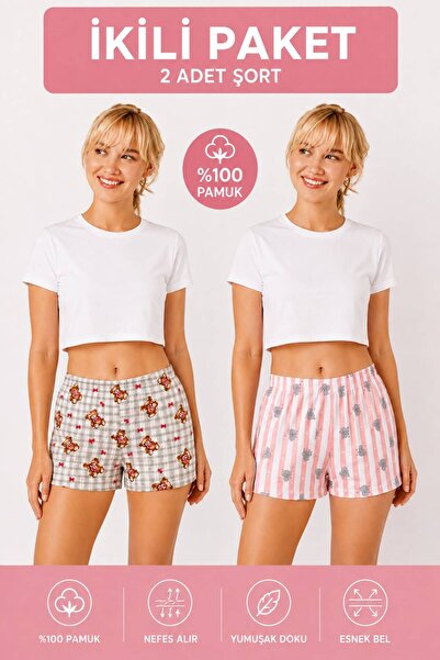 MODABOX Pachet de 2 pantaloni scurți pentru femei, cu model, cu talie elastic...
