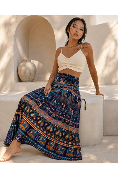 laviyonsa Waist-Wrapped Ethnic Patterned Cotton Long Skirt Std 34-48