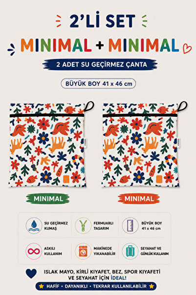 yorni Minimal 2 Adet Büyük Boy Su Geçirmez Çanta Islak Mayo Havlu Kirli Çamaş...