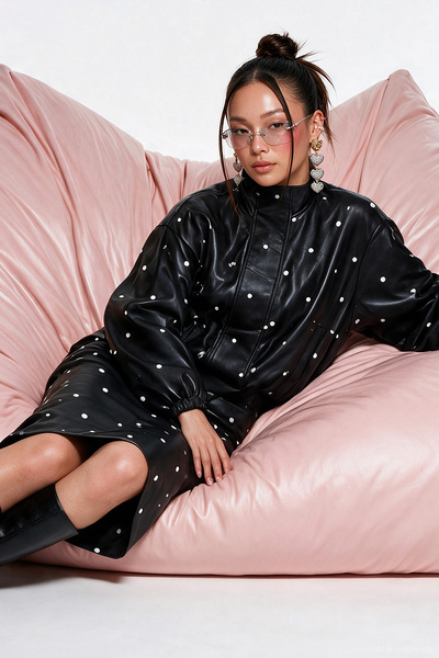 Quzu High Collar Polka Dot Embroidered Leather Bomber Jacket Black