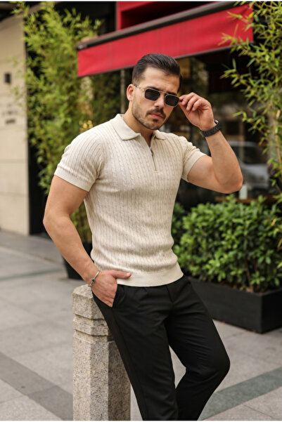 Generic Brand Men's Knitted Pattern Zipper Collar Knitwear T-Shirt