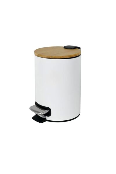 Generic Soft-Close Pedal Bin | Bamboo Top Matte White Waste Bin with Metal Pe...