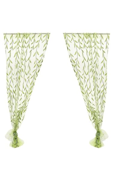 Generic Green Willow Leaf Voile Curtains Boho Sheer Light Filtering Drapes wi...