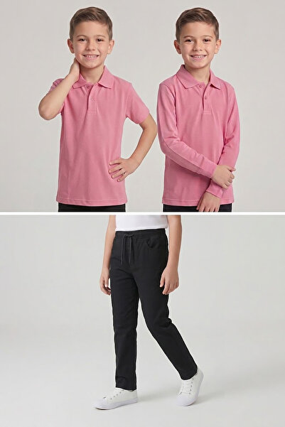 nacar çarşı Boys' School Pink Long and Short Sleeve Polo Collar T-Shirt Black...