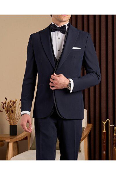 TerziAdemAltun Slim fit sivri yaka ceket yelek pantolon damatlık set lacivert...