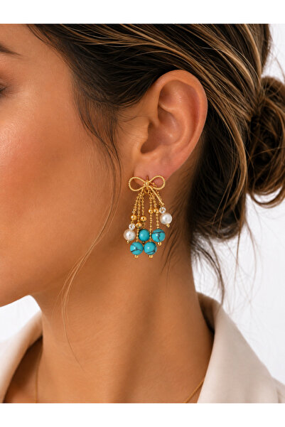 Lovecharm Gold Fiyonk Tasarımlı Turkuaz Taşlı Sallantılı Küpe