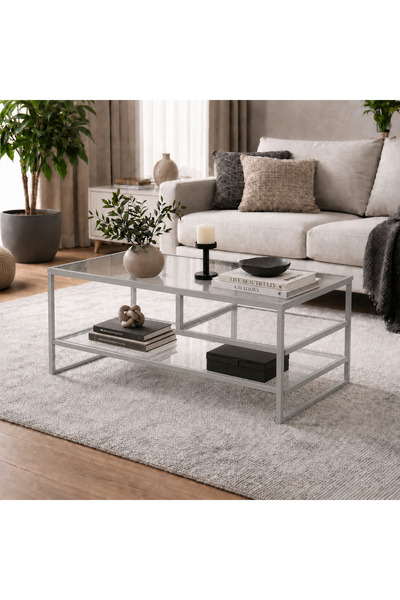 AVİBO HOME Milano Açık Gri Şeffaf Cam Metal Çerçeveli Temperli Cam Orta Sehpa
