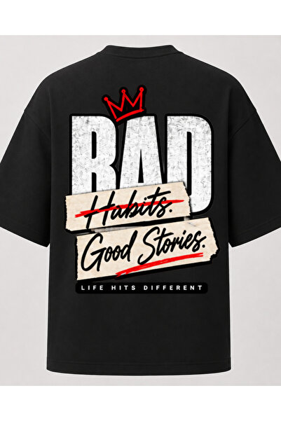 Ebiidesign تي شيرت مطبوع عليه عبارة Bad Habits Good Stories مقاس كبير