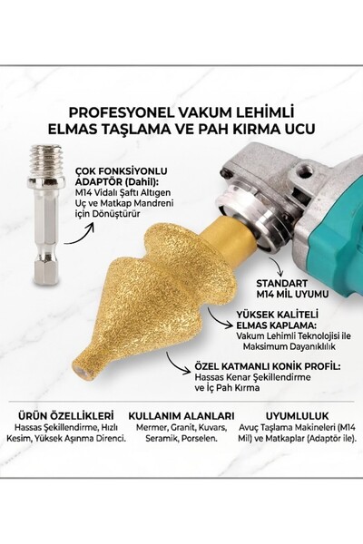 lstri Konik Elmas Delik Açma Testeresi ve Kenar Pah Kırma Taşlama Panç Ucu 50 MM Matkap Uyumlu Fayans Seramik Mermer Delik Düzeltme Genişletme Ucu Aleti M14 Taşlama Makinesi ve Matkap için Karot Mermer