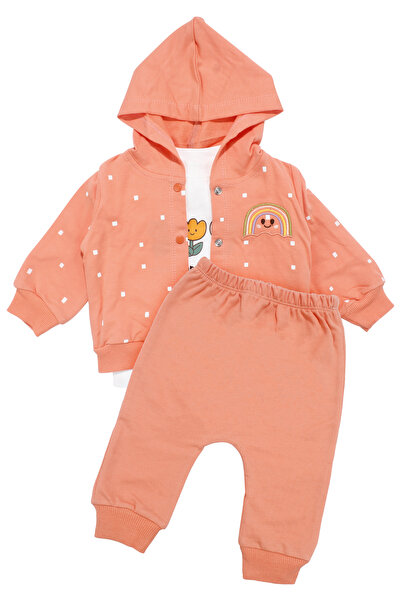 bebegen Baby Girl White Orange Tulip Rainbow Patterned Cardigan 3-Piece Set