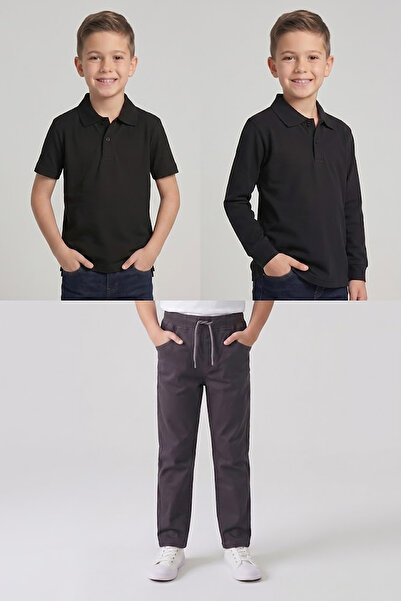 nacar çarşı Boys' School Black Long and Short Sleeve Polo Collar T-Shirt Smok...