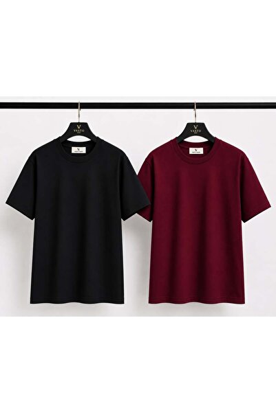 Vasto Moda Siyah - Bordo Beyaz - Turuncu 2'li Erkek Oversize Tişört