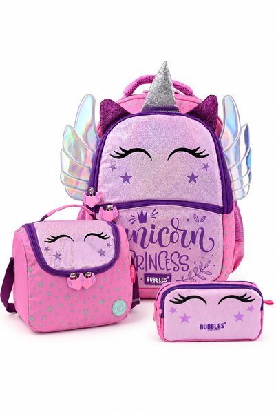 WANDER BAG Bubbles 6406 Unicorn Princess Kanatlı 3’lü İlkokul Çantası Beslenme Çantası Kalemlik Seti