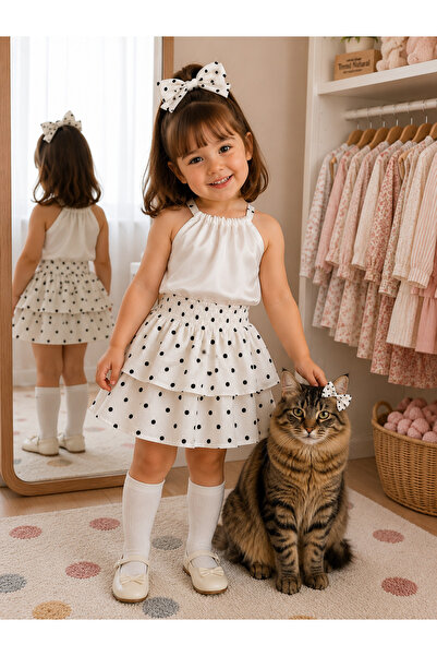 TREND NATURAL Girl's Ecru Black Polka Dot Ruffled Skirt Blouse and Bow Buckle...
