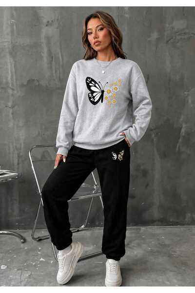 CLOTHES33 Zero-Collar Sweatshirt 2-Piece Combination Winter Patterned Daisy B...