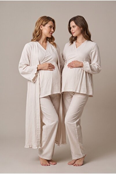 Pelin Women's Cream Muslin Cotton Fabric Long Sleeve Double Breasted Collar N...