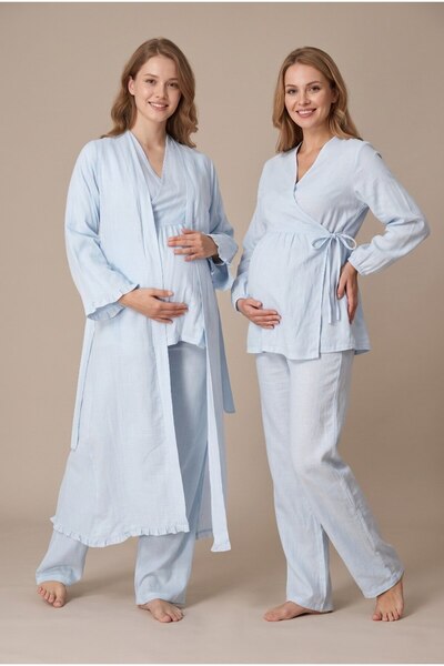 Pelin Women's Blue Muslin Cotton Fabric Long Sleeve Double Breasted Collar Ma...