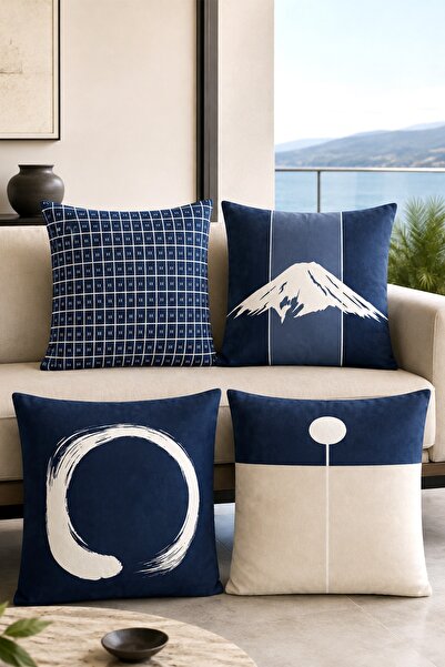 EVPANYA Navy Blue Mountain and Icons Patterned 4-Piece Throw Pillow Cover Set