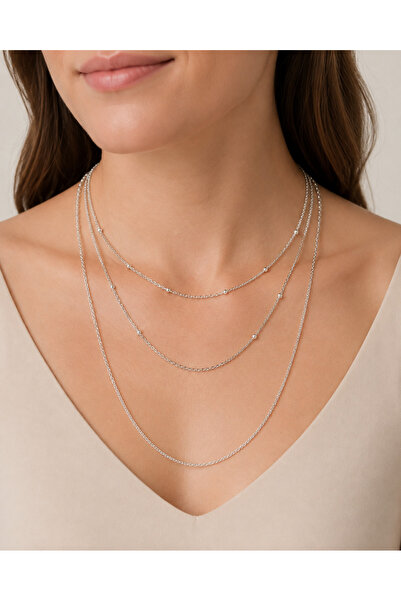 Balevien Silver Katmanlı Çoklu Choker ve Uzun Zincir Kolye Kombini