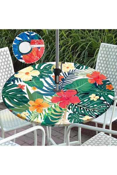 Generic Palm Leaves Round Outdoor Tablecloth with Umbrella Hole Zipper Elasti...