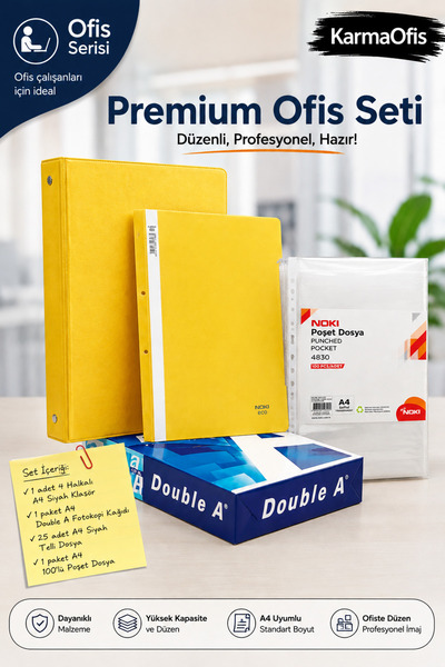KarmaOfis Premium kancelarijski set – žuti A4 registrator sa 4 prstena, spira...