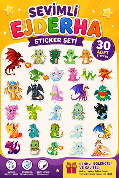 Hanelia Art 30 Adet Sevimli Ejderha Sticker Seti – Çocuk Odası, Defter, Kırta...