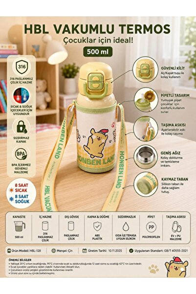 HTC AKSESUAR 550 ML Sevimli Köpek Desenli Çocuk Termos Suluk – 316 Çelik – Pi...