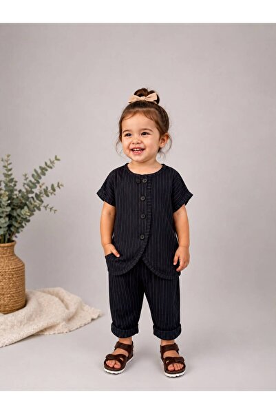 favorimkids Set din 2 piese pentru fete, cu dungi, bleumarin, cu nasturi