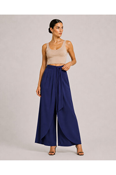 De Carte Women's Belted Double-Breasted Look Modal Fabric Wide-Leg Sweatpants