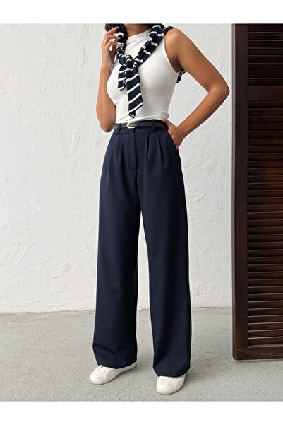 SMAC Women's High Waist Wide Leg Palazzo Pants – Belted Pleated Loose Comfortable Cut Fabric Trousers