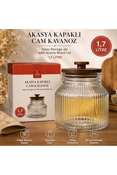 Genel Markalar Togo 1.7 Litre Akasya Ahşap Kapaklı Cam Kavanoz - Vakumlu Görü...