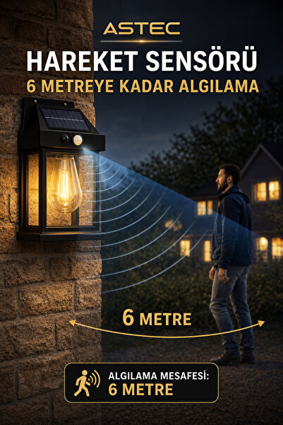 ASTEC Solar Hareket Sensörlü Duvar Lambası 20W IP65 Güneş Enerjili Bahçe Apliği Gün Işığı