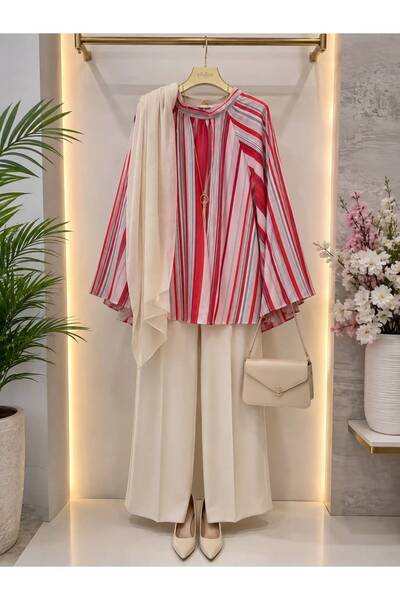 Efulim Womens Çizgili Tunik Tesettür Uzun Kollu Rahat Kesim Günlük Şık Tunik