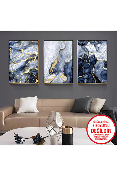 EMYA HOME Gold Metal Çerçeveli Mermer Desen 3’lü Kanvas Tablo Seti