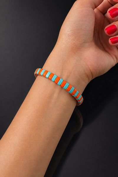 ByMerve Bym081-1 Orange Turquoise Domino Flexible Anti-Allergic Women's Bijou...