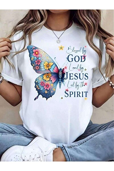 29CUN تي شيرت أبيض مطبوع عليه Tterfly Floral Faith، برقبة دائرية، تي شيرت قطن...