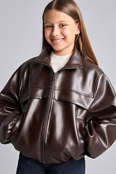 DeFacto Water Repellent Stand Collar Faux Leather Jacket Coat Girls G9348A826Au