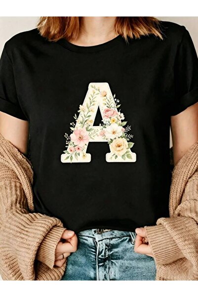9JY Floral Monogram Letter A Design Women's T-Shirt Casual Spring Summer Gift...
